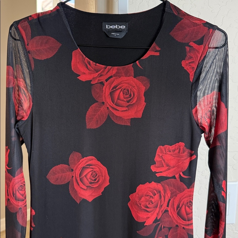 Bebe Bodycon Black Dress with Red Rose Print and sheer long sleeves NWT - Picture 4 of 6